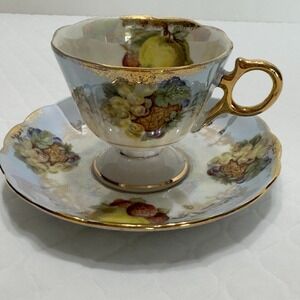 ROYAL HALSEY Orchard Fruits Lusterware Apple Footed Tea Cup Saucer Set Fine